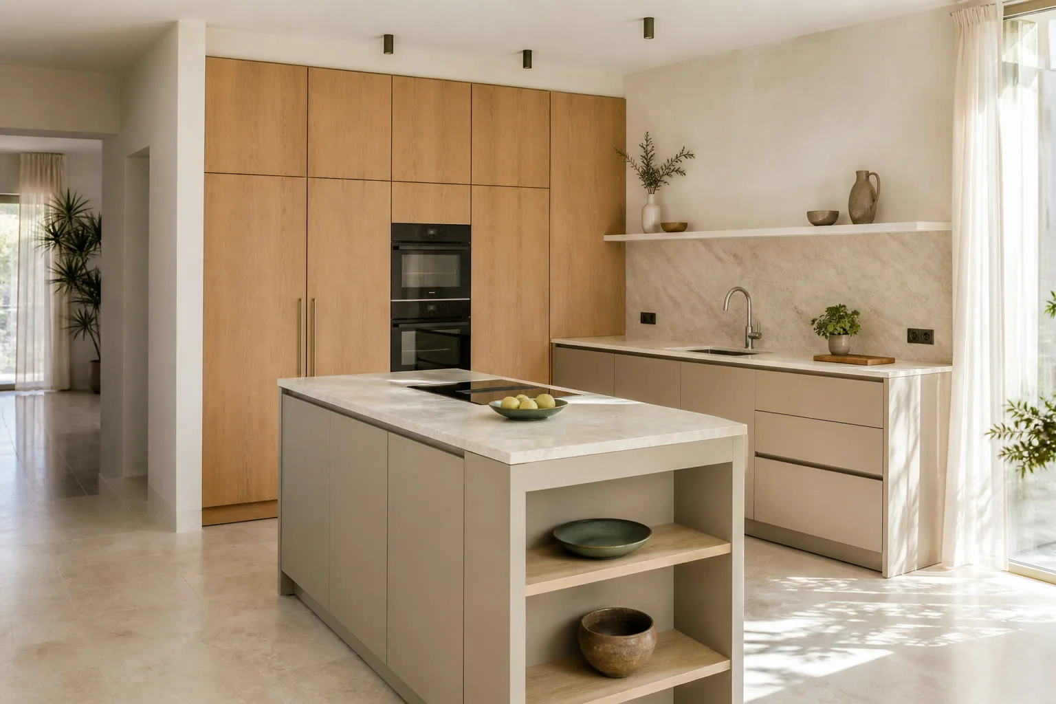 Cocina a medida de madera natural con isla y encimera de piedra