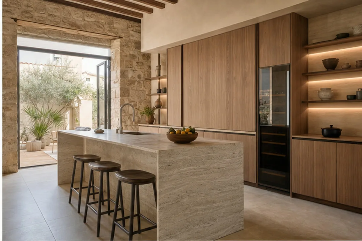 Detalle de una cocina con frentes de roble e isla de piedra